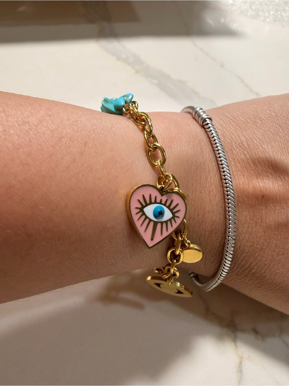 Gold-Tone Heart Evil Eye Charm Bracelet in Pink and Turquoise Accent